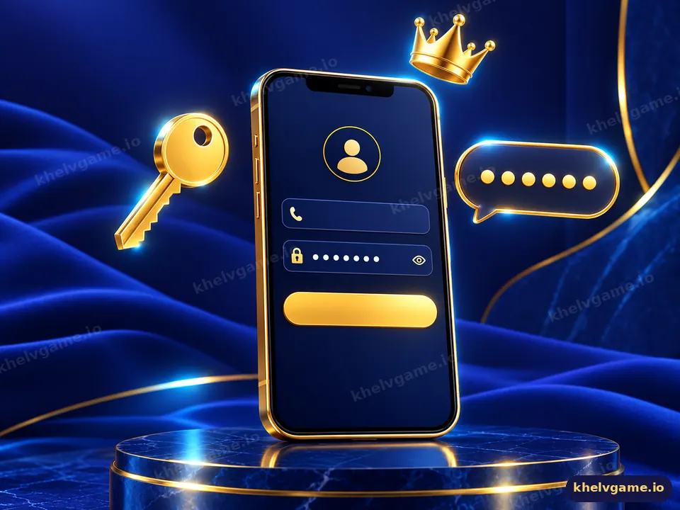 Illustration of a phone login card with a golden key and crown in Khelv blue and gold