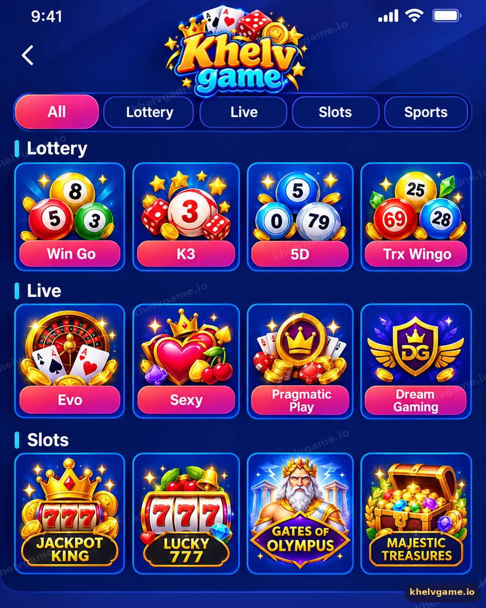 Khelv All Games screen listing Win Go, K3, 5D and TRX Wingo lottery tiles plus live and slot games