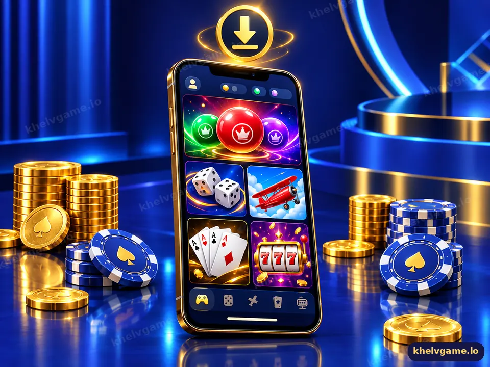 Illustration of a phone downloading the Khelv app with game icons, chips and coins