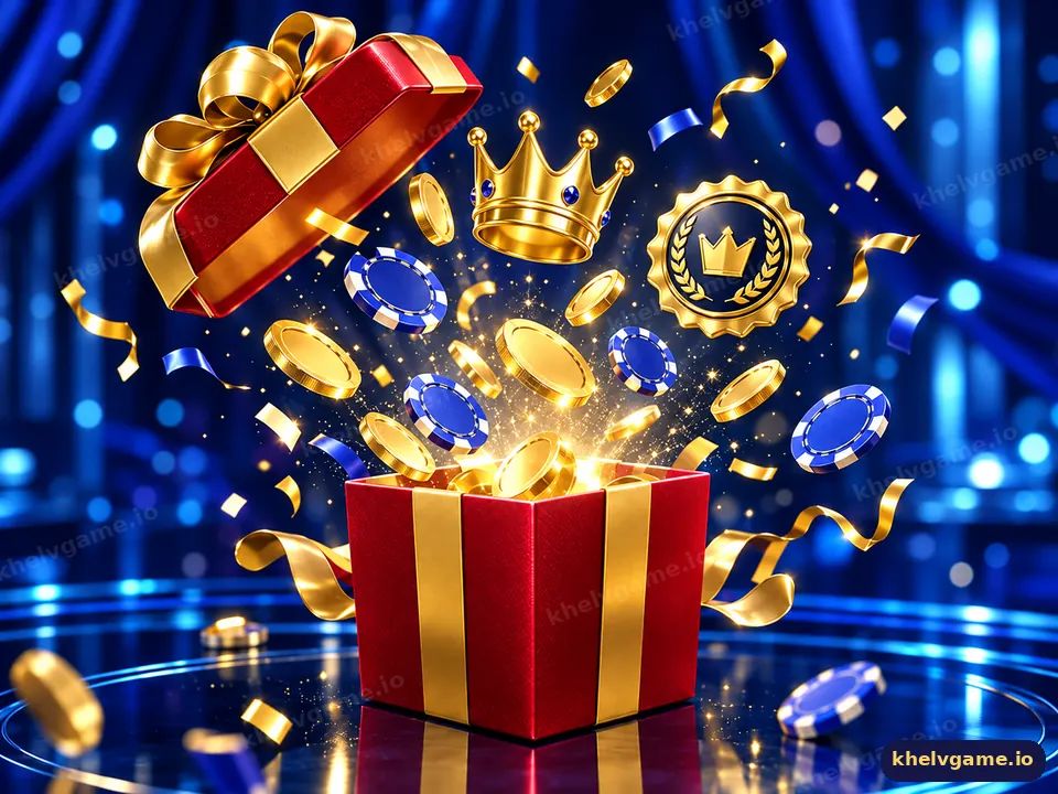 Illustration of an open gift box with a crown and gold coins for Khelv rewards