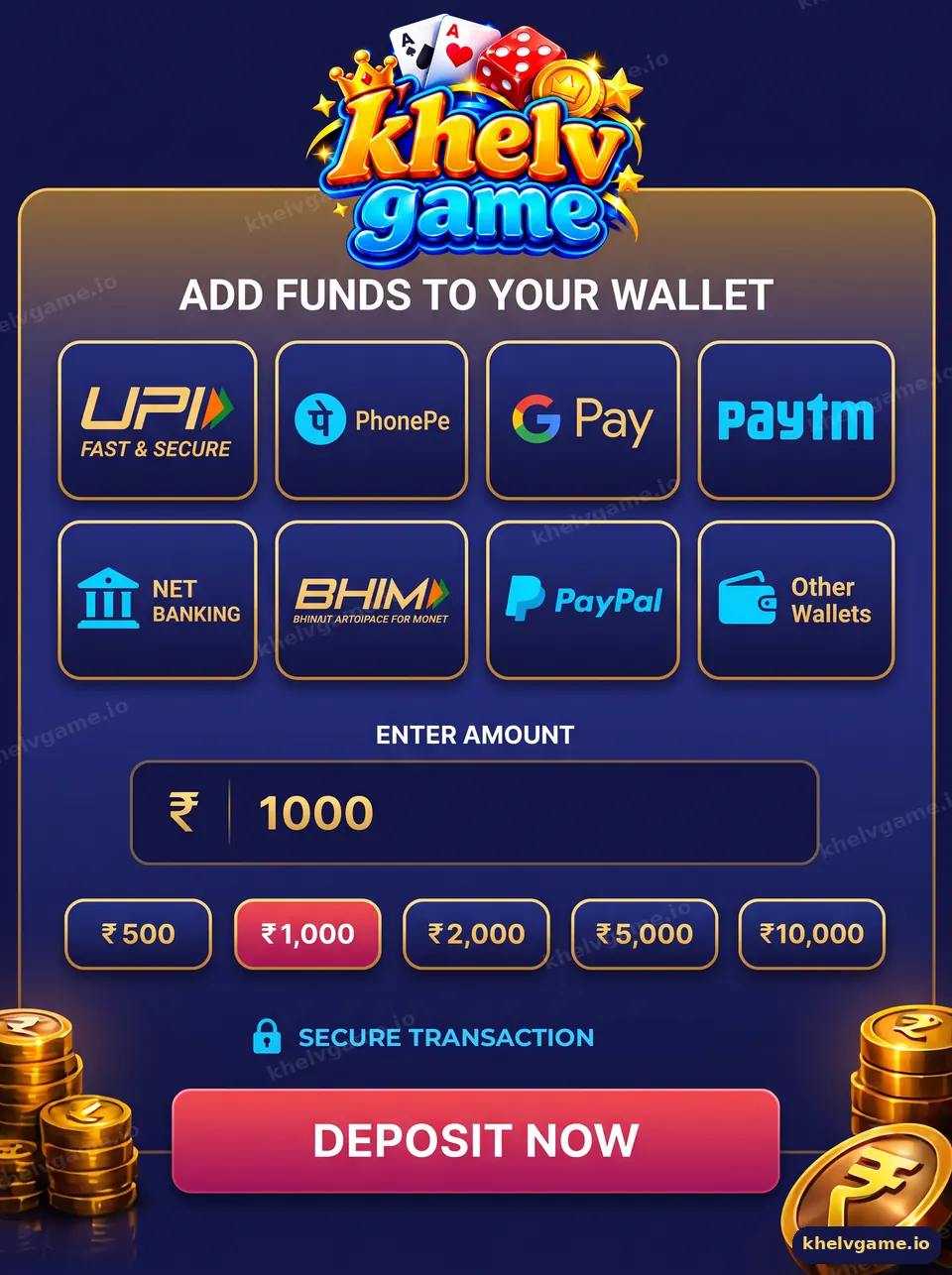 Khelv deposit screen showing UPI, PhonePe, Google Pay, Paytm and net banking options with amount chips