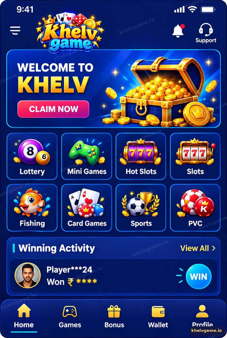 Khelv app home lobby with Lottery, Mini Games, Slots, Fishing, Card Games and Sports categories