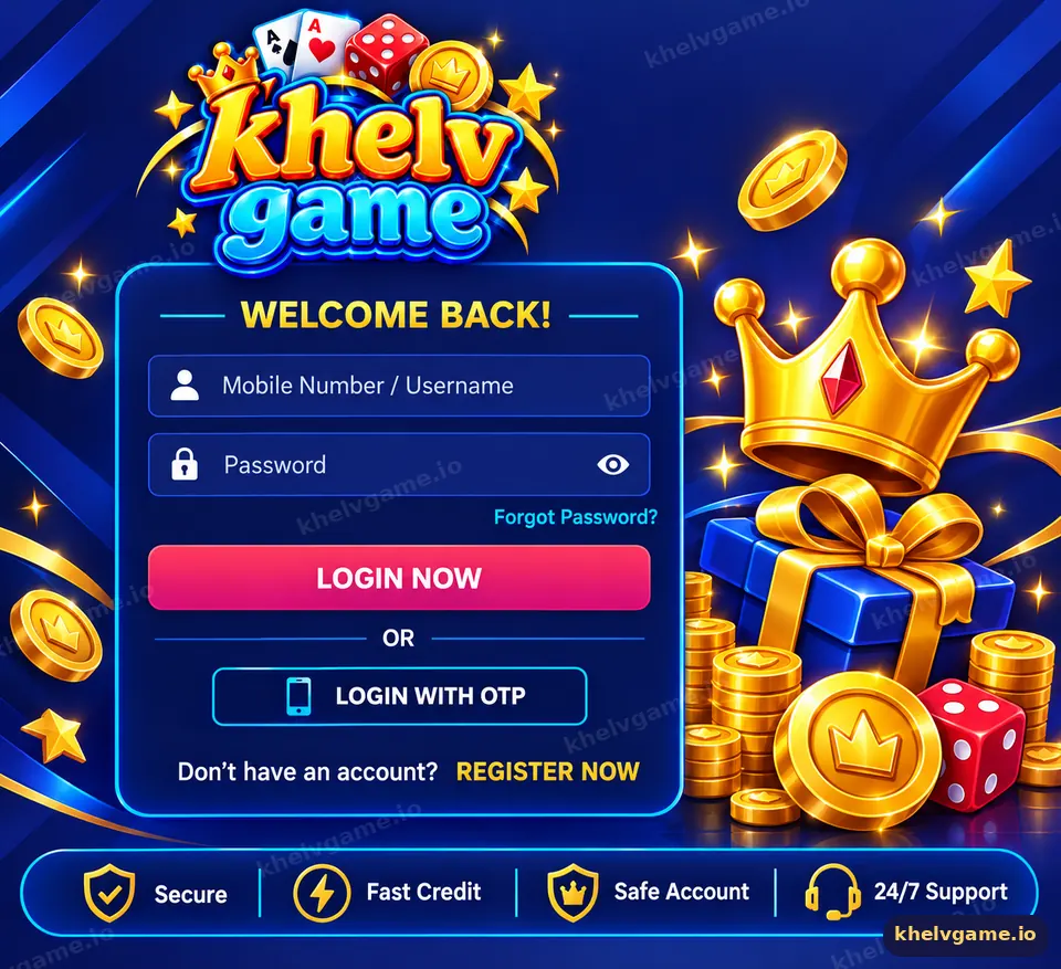 Khelv Game login screen with mobile number and password fields, Login Now and Login with OTP buttons