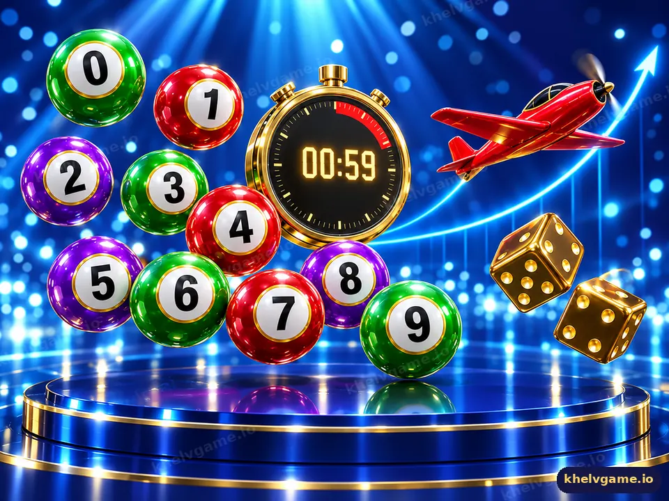 Illustration of numbered lottery balls 0 to 9, a 00:59 countdown timer and dice for Khelv lottery games