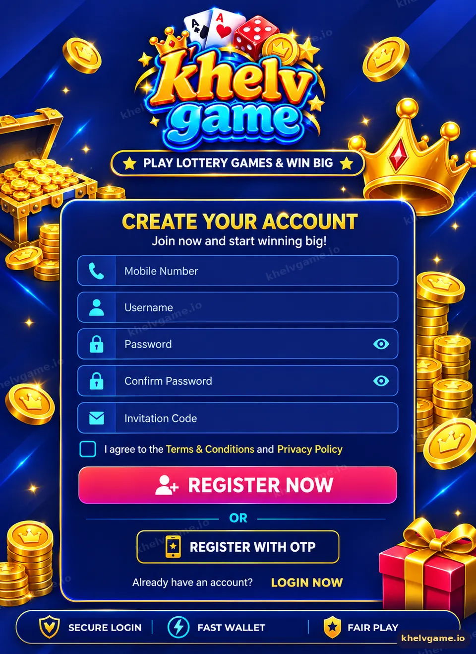 Khelv Game registration screen with mobile number, password, invitation code fields and Register Now button