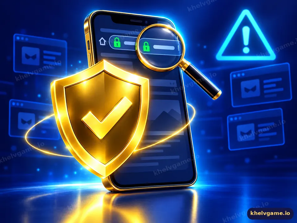 Illustration of a gold shield with a check mark and a phone with padlock for Khelv link safety