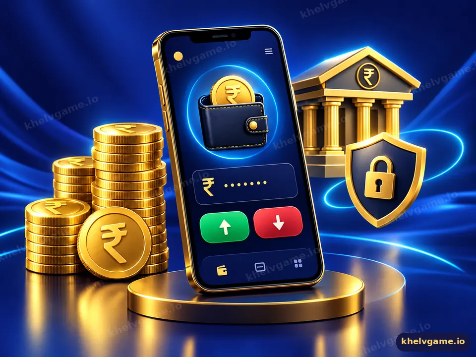 Illustration of a Khelv wallet on a phone with rupee coins, bank building and padlock shield